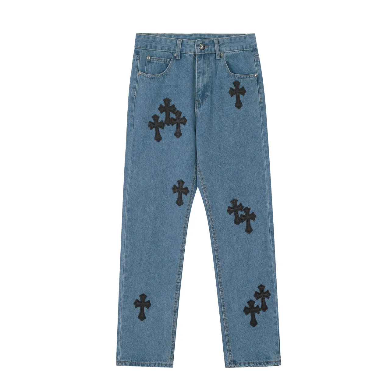 KE975#P230 The only correct leather label version on the market Chrome Hearts CH Cross embroidery distressed jeans Top ceiling quality 100% correct version The correct version is here!  Believe me this must be the best quality you will ever come across! ! Excellent value for money! !  Styles with different washes and textures are very friendly to people with thin legs and thick legs. The straight version is very flattering to the shape of the legs. The moderate length is timeless and easy to match. It is the basis of various styles and a must-have in the wardrobe! ! Add a little stacking to easily control this year's popular clean fit fabric. The fabric is stiff but the upper body is soft without losing texture. The sides and cuffs of some styles have a bone-wash effect. It's really hard not to love it! The outfit effect is immediate! ✅Correctly customize the Croxin metal leather label on the back panel. It is not sold directly with the cross on the finished jeans. 1:1 copying strives for excellence and the details are perfectly grasped. ✅The cross leather label is clear and smooth. Exquisite turning top craftsmanship. ✅Buttons, zippers and hardware are all customized versions of the Croxin LOGO. ✅High-cost washing process. Size: 28 30 32 34 36 (5 sizes)